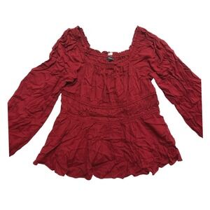 Torrid Blouse Women's 2X Red Rayon Slub Waist Detail Blouson Sleeve Top $55 NWT